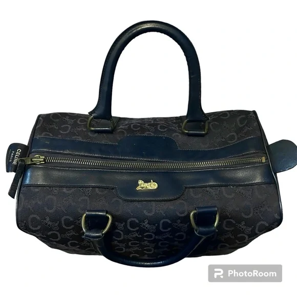 CELINE Authentic Vintage C Macadam Navy Blue Canvas Leather Trim Boston Bag Tote - Picture 4 of 17